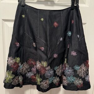 Silkland Black Linen Embroidered Floral Skirt Size 10 Boho Cottagecore
